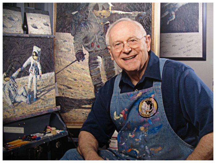 Alan Bean in paint apron — Photo Credit: Barbara Brannon / Texas Plains Trail